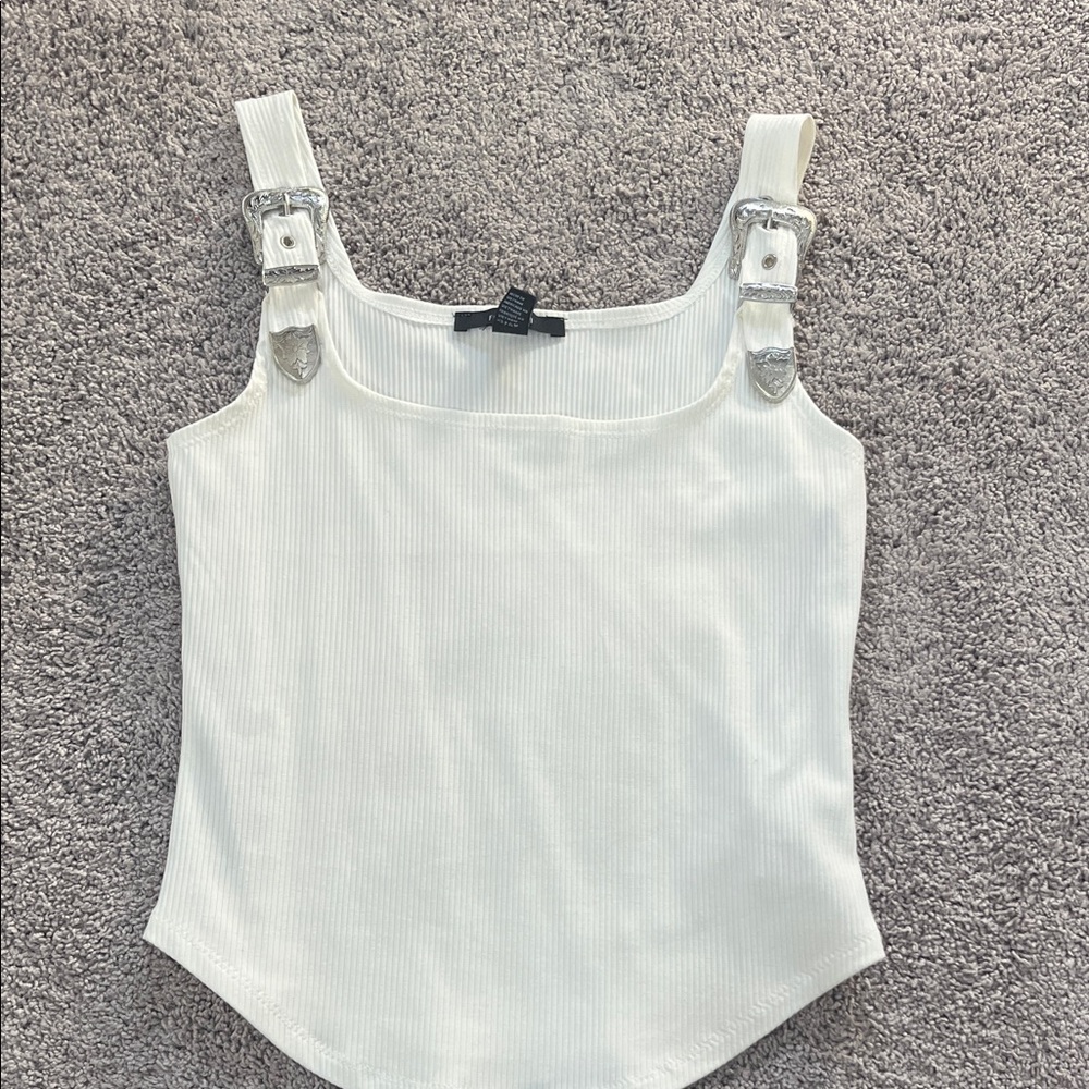 Forever 21 White Ribbed Tank Top with Buckle Straps